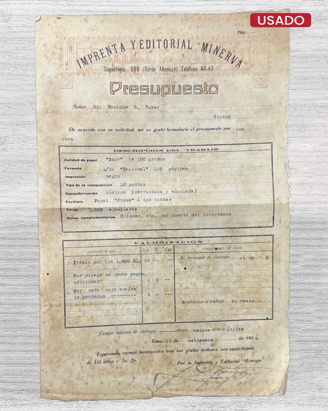 DOCUMENTO ORIGINAL (LIMA, 1928) CON FIRMA DE JOSÉ CARLOS MARIÁTEGUI