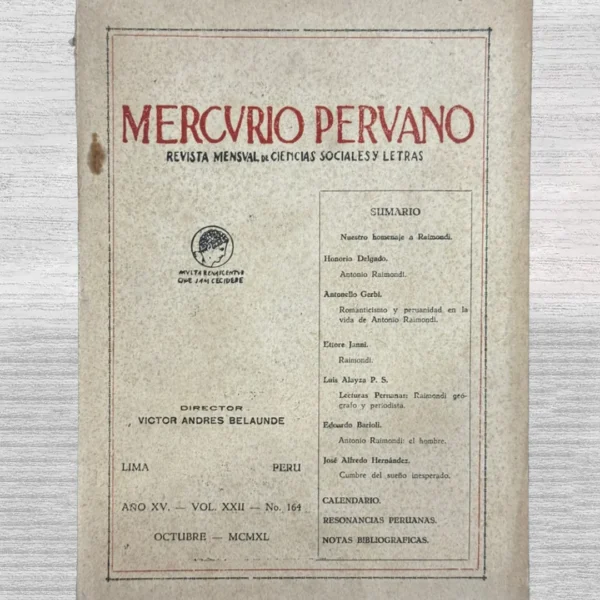 MERCURIO PERUANO: REVISTA MENSUAL DE CIENCIAS SOCIALES Y LETRAS. AÑO XV – VOL. XXII – N° 164 (1940)