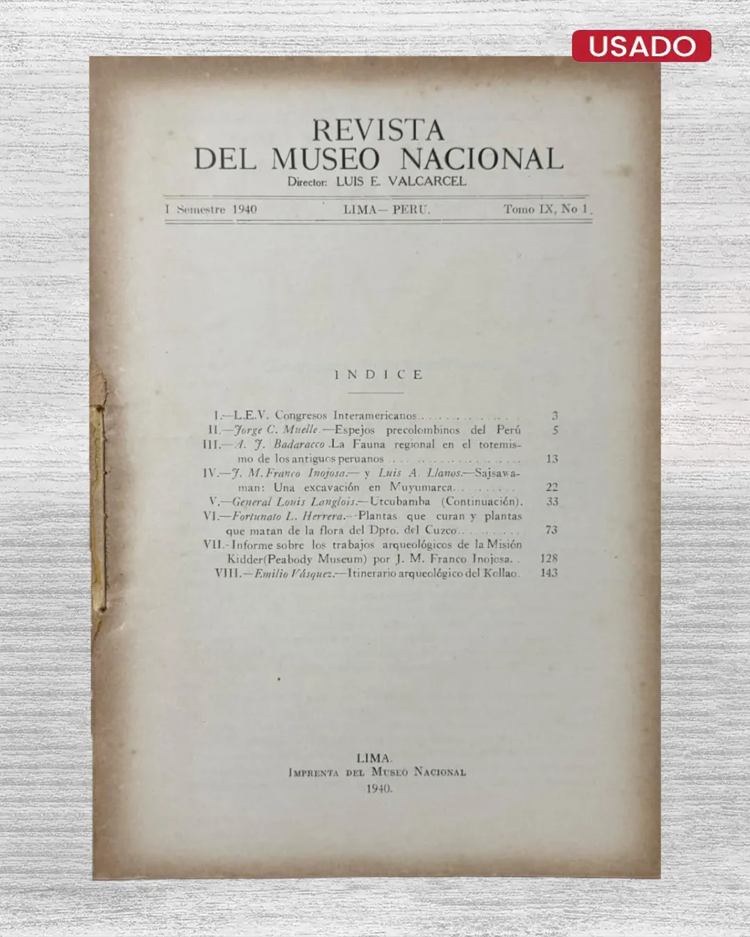 REVISTA DEL MUSEO NACIONAL – I SEMESTRE 1940 – TOMO IX, Nº1