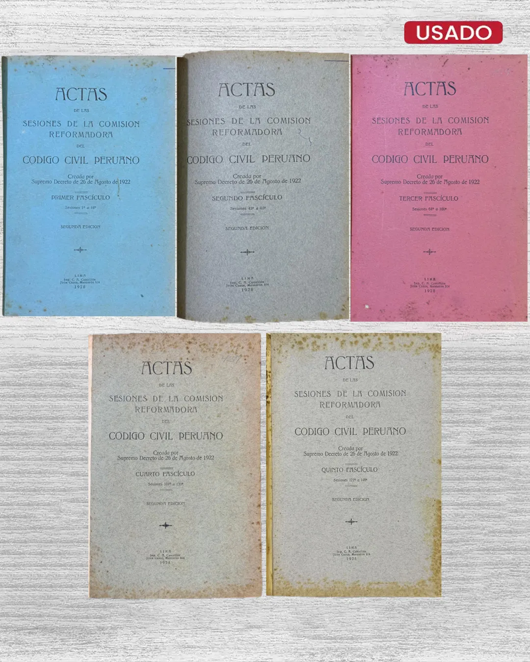 ACTAS DE LAS SESIONES DE LA COMISION REFORMADORA DEL CODIGO CIVIL PERUANO, CREADO POR SUPREMO DECRETO DE 26 DE AGOSTO DE 1922 (5 FASCICULOS DIVIDOS EN 3 LIBROS)