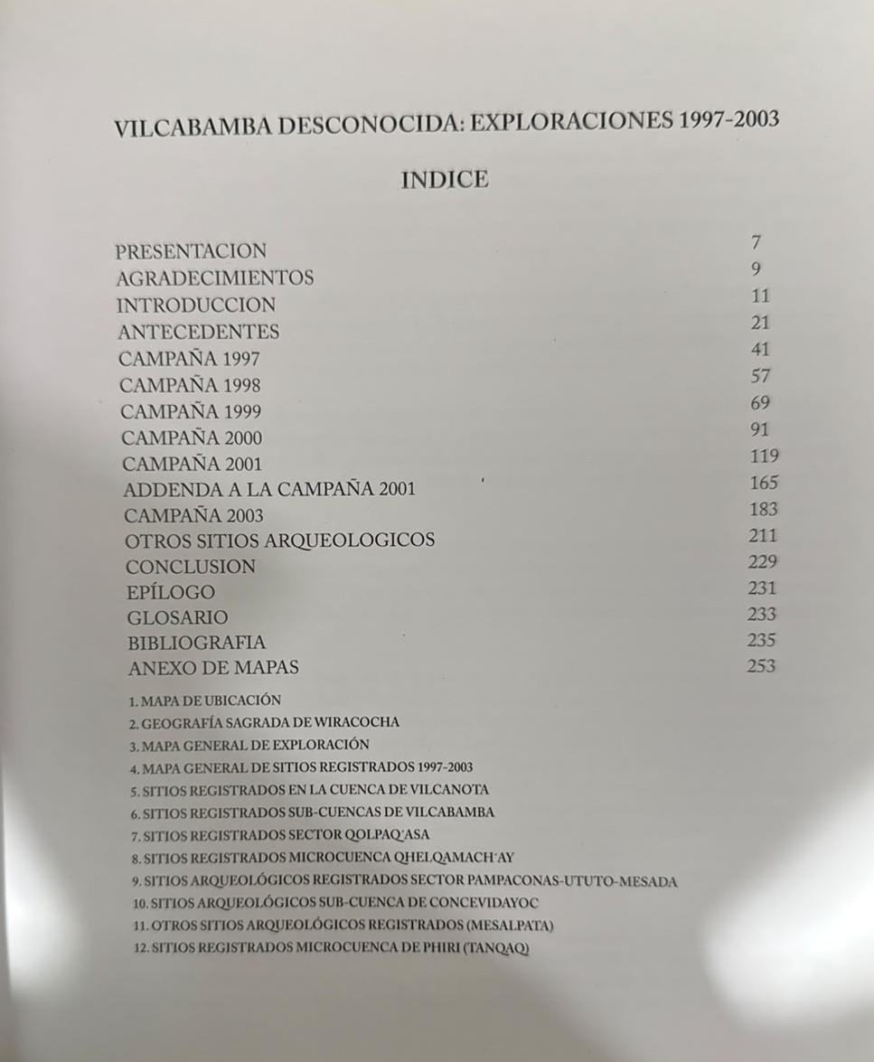 VILCABAMBA DESCONOCIDA EXPLORACIONES 1997-2003 - INDICE