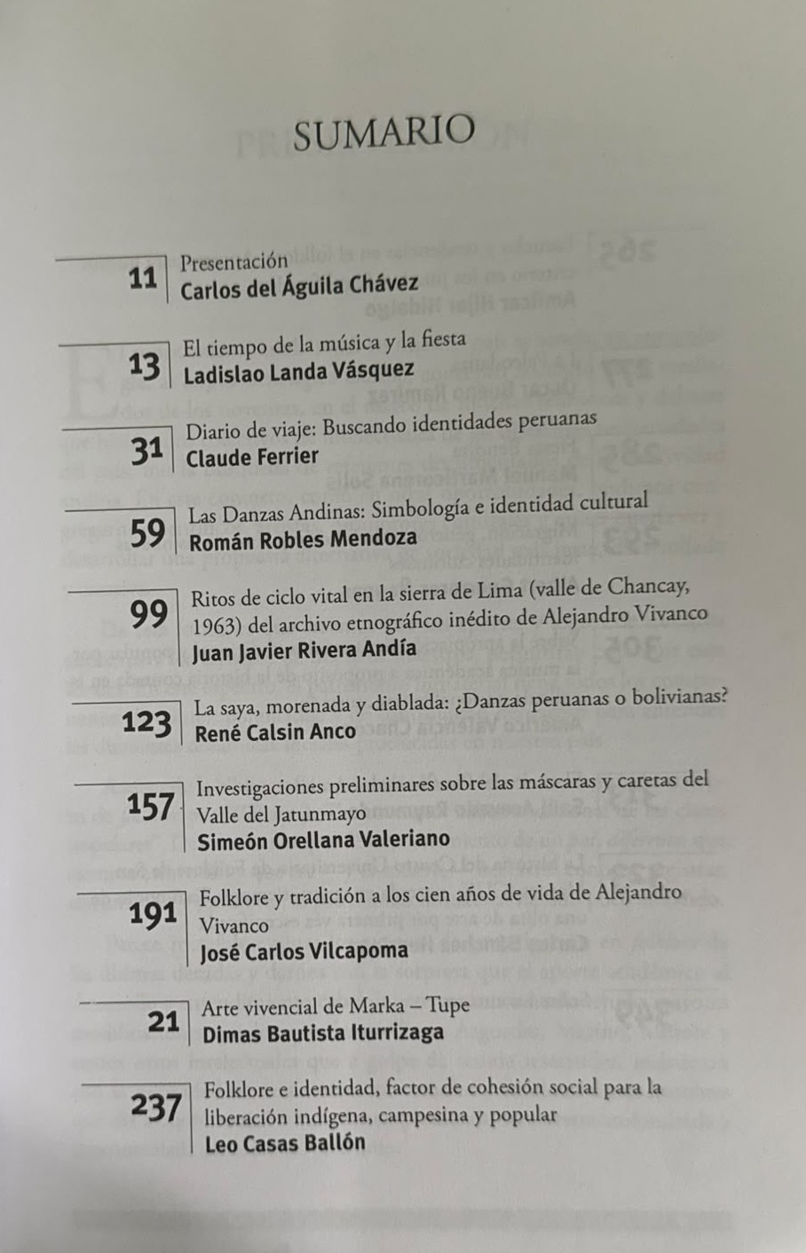 FOLKLORE ARTE, CULTURA Y SOCIEDAD (REVISTA DEL CENTRO UNIVERSITARIO DE FOLKLORE – UNMSM) – AÑO 1 – NÚMERO 3 – DICIEMBRE 2010 - INDICE