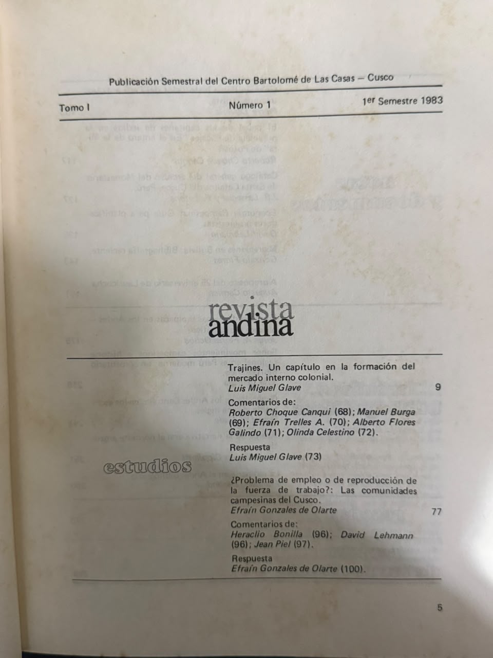 REVISTA ANDINA – AÑO 1, Nº1 - INDICE