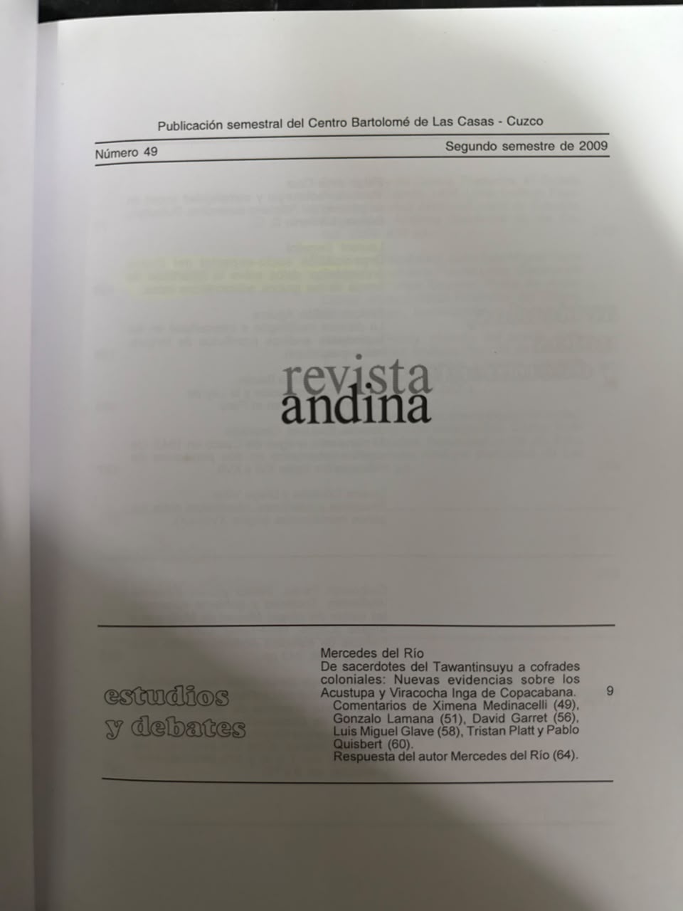 REVISTA ANDINA Nº 49 - INDICE