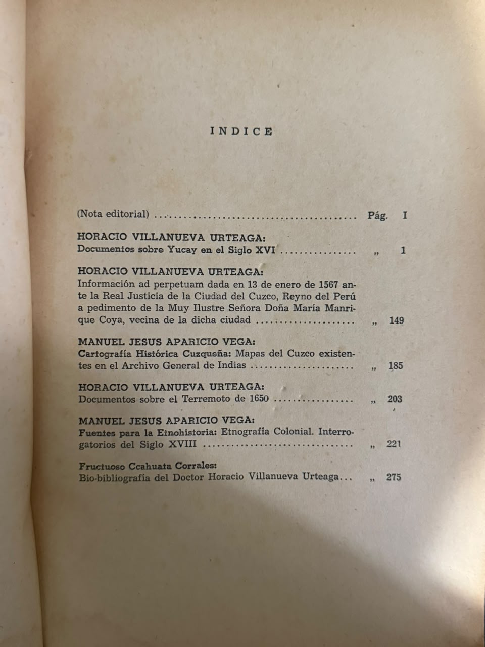 REVISTA DEL ARCHIVO HISTÓRICO DEL CUZCO - INDICE