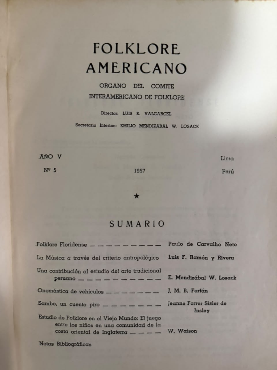 FOLKLORE AMERICANO AÑO V N°5 - INDICE