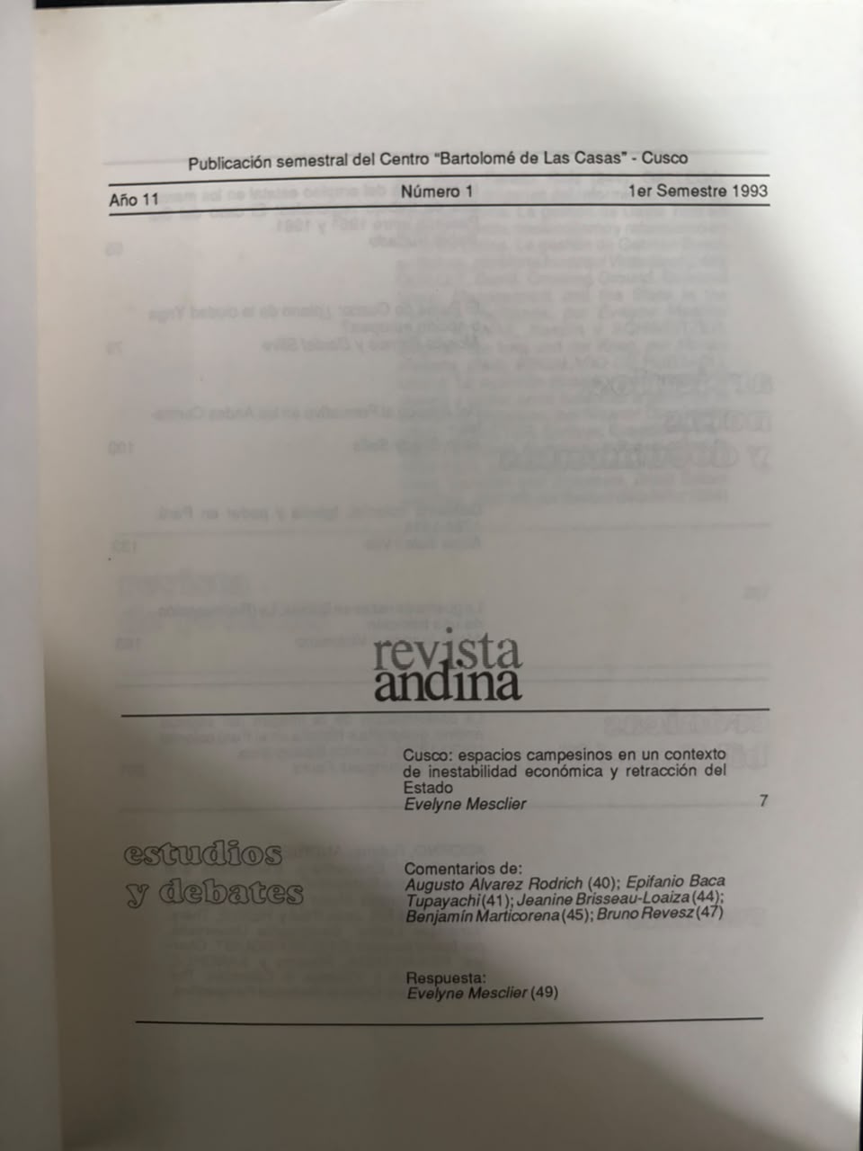 REVISTA ANDINA - AÑO 11 Nº1 - INDICE
