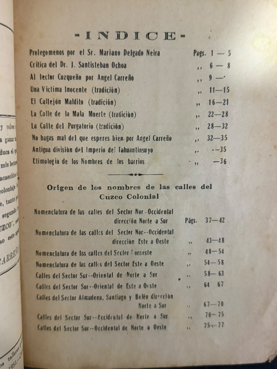 ORIGEN DE LOS NOMBRES DE LA CALLES DEL CUZCO COLONIAL - INDICE