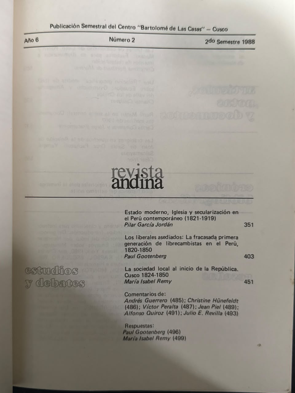 REVISTA ANDINA – AÑO 6, Nº2 - INDICE