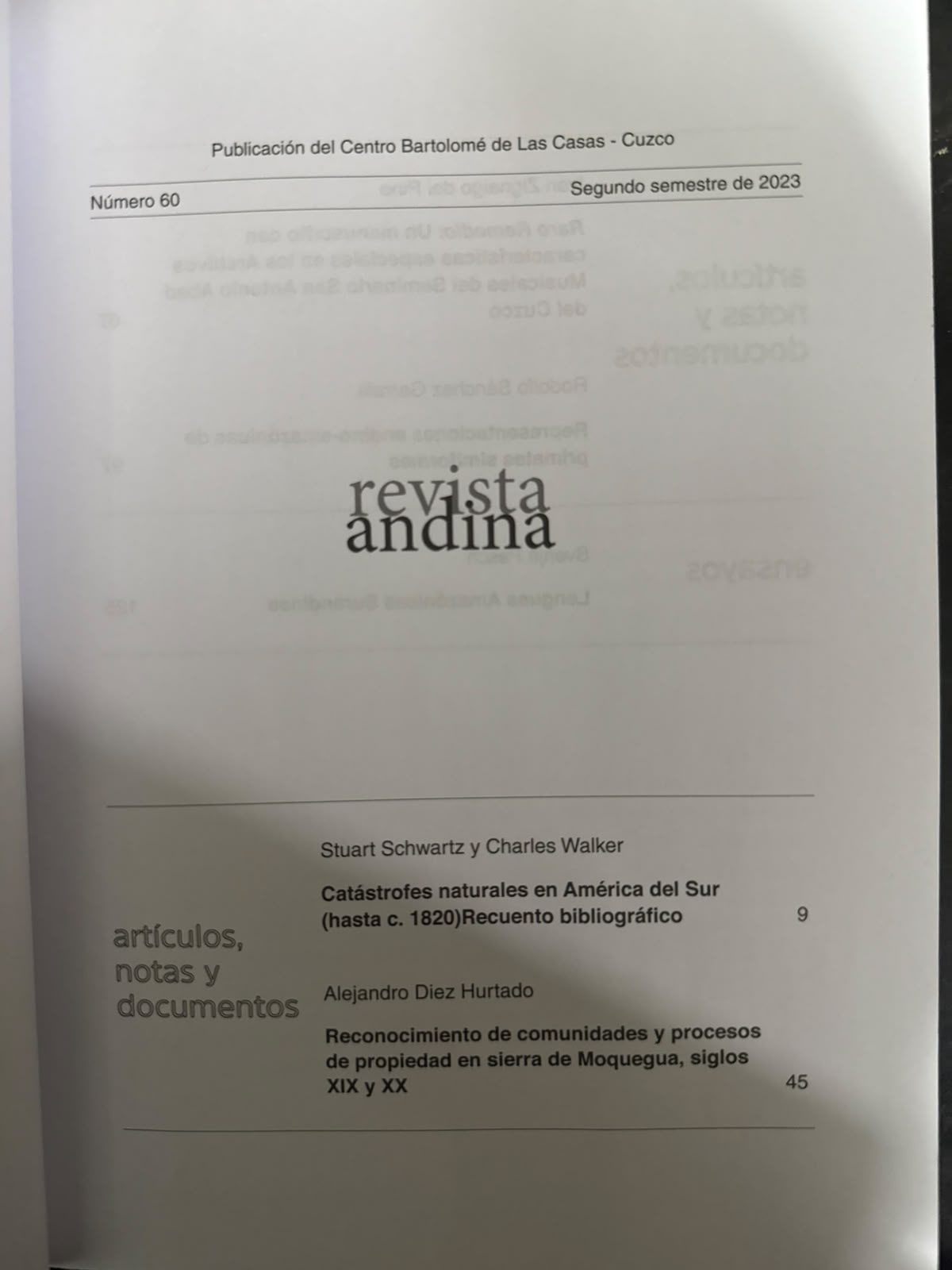 REVISTA ANDINA Nº 60 - INDICE