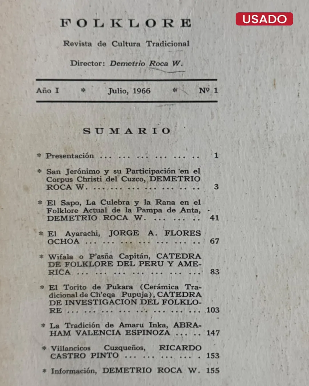 FOLKLORE (REVISTA DE CULTURA TRADICIONAL) – AÑO 1 – JULIO 1966 – Nº 1 CUSCO – PERU - Imagen 2