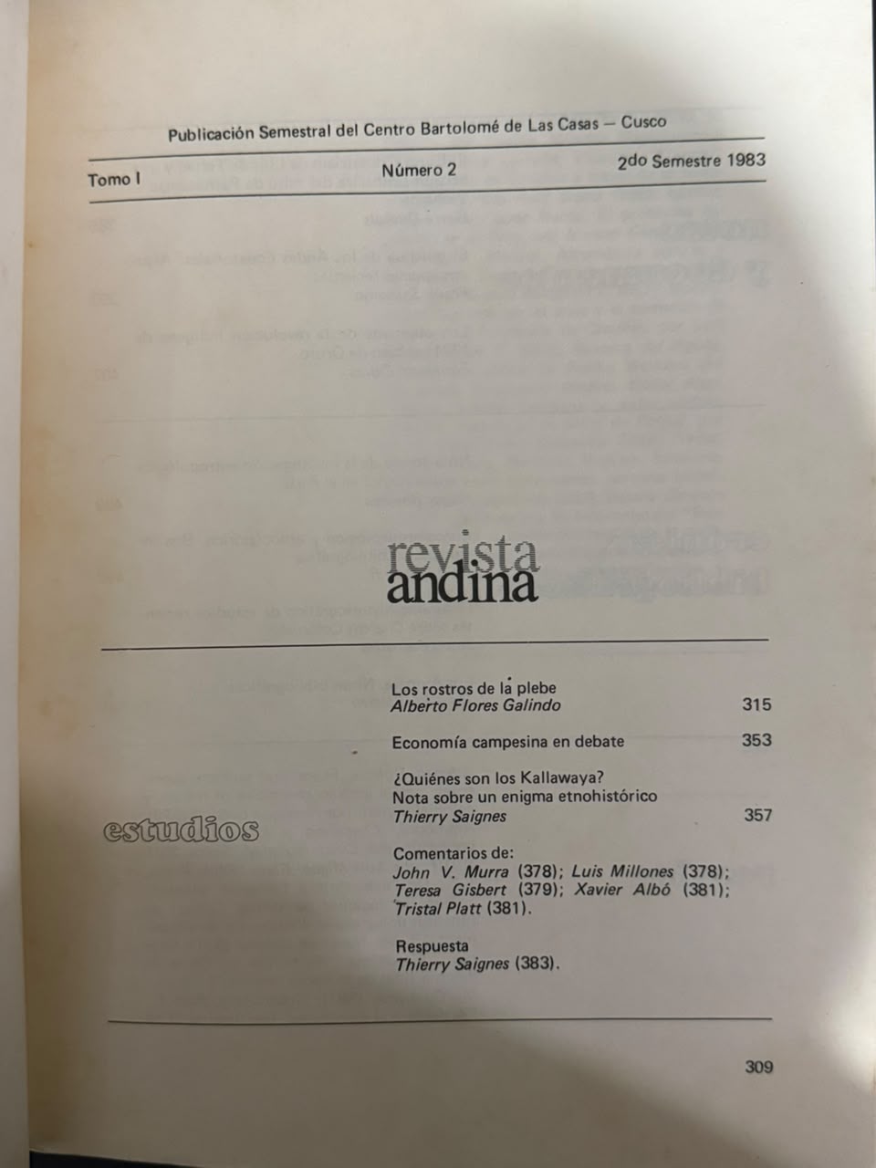REVISTA ANDINA – AÑO 1, Nº2 - INDICE